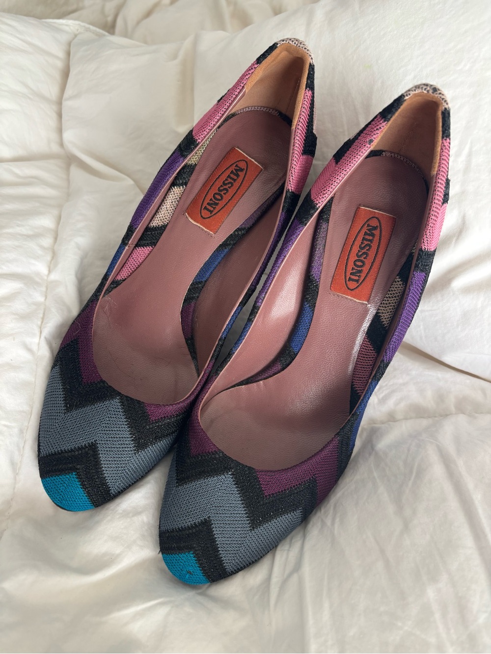 Missoni Multicolor Zigzag Knit Pointed-Toe Heels - Pink Purple Gray Teal